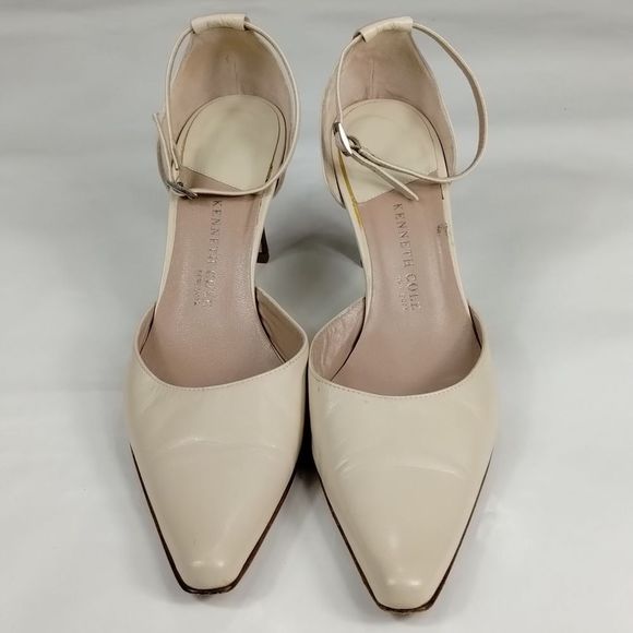 Kenneth Cole Beige Leather Close Toe Ankle Strap Wood High Heel - Picture 1 of 12